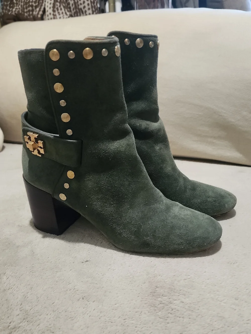 Tory Burch Kira 70mm Stud Suede Bootie in Olive Green - Picture 1 of 12